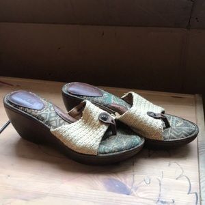 Born wedge sandals with tapestry, leather/straw upper, faux wooden sole.